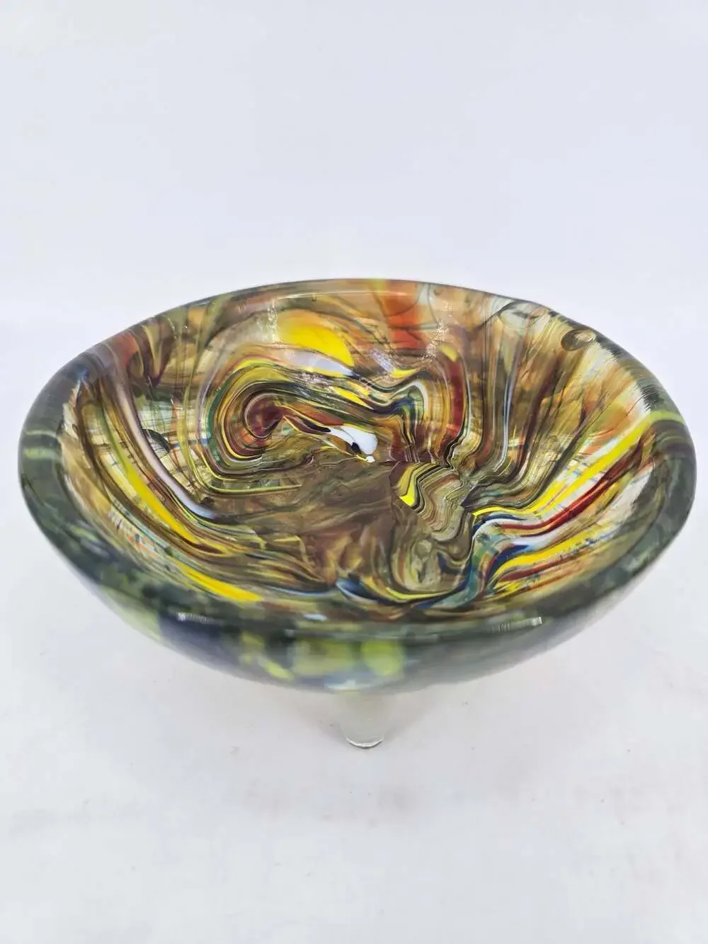 Vintage Hand Blown Confetti Swirl Footed Art Glass Bowl